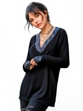 Love & Legend Black V-Neck Knit Tunic with Faux Leather Grommet Detail